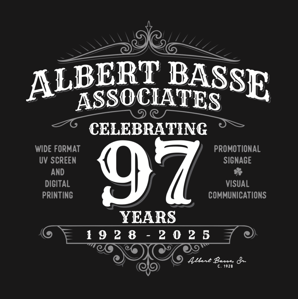 image celebrates Albert Basse Associates, a family-owned and operated printing company, marking 97 years in business from 1928 to 2025