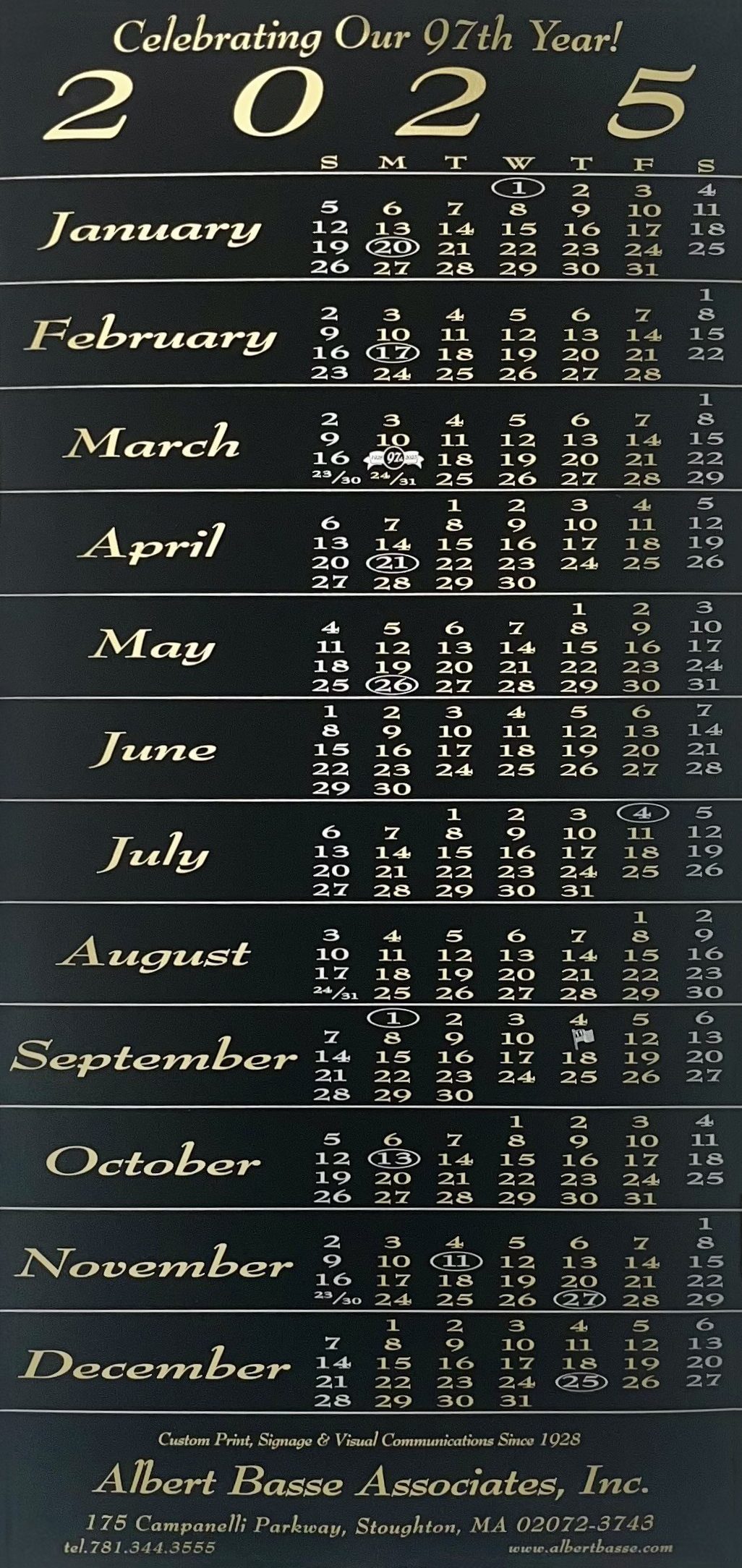 This is a 2025 calendar, specifically a wall calendar or a similar printed format, from Albert Basse Associates, Inc