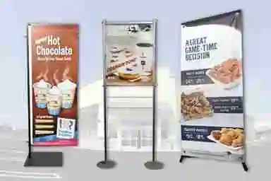 image displays various types of promotional standees, commonly used for advertising and display purposes, particularly in retail or event settings